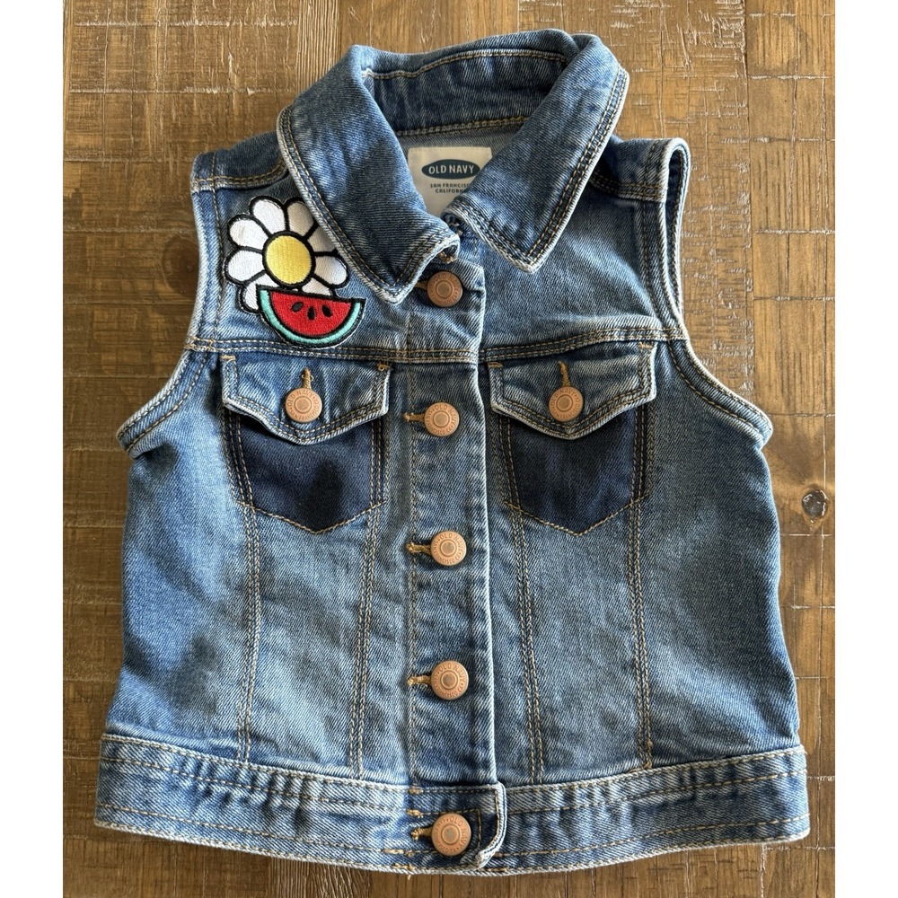 Old Navy Toddler Girl's Size 2T Denim Jean‎ Vest Button Snaps Watermelon Flower